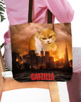 Personalized 'Catzilla' tote bag featuring a custom cat portrait in a city destruction scene.
