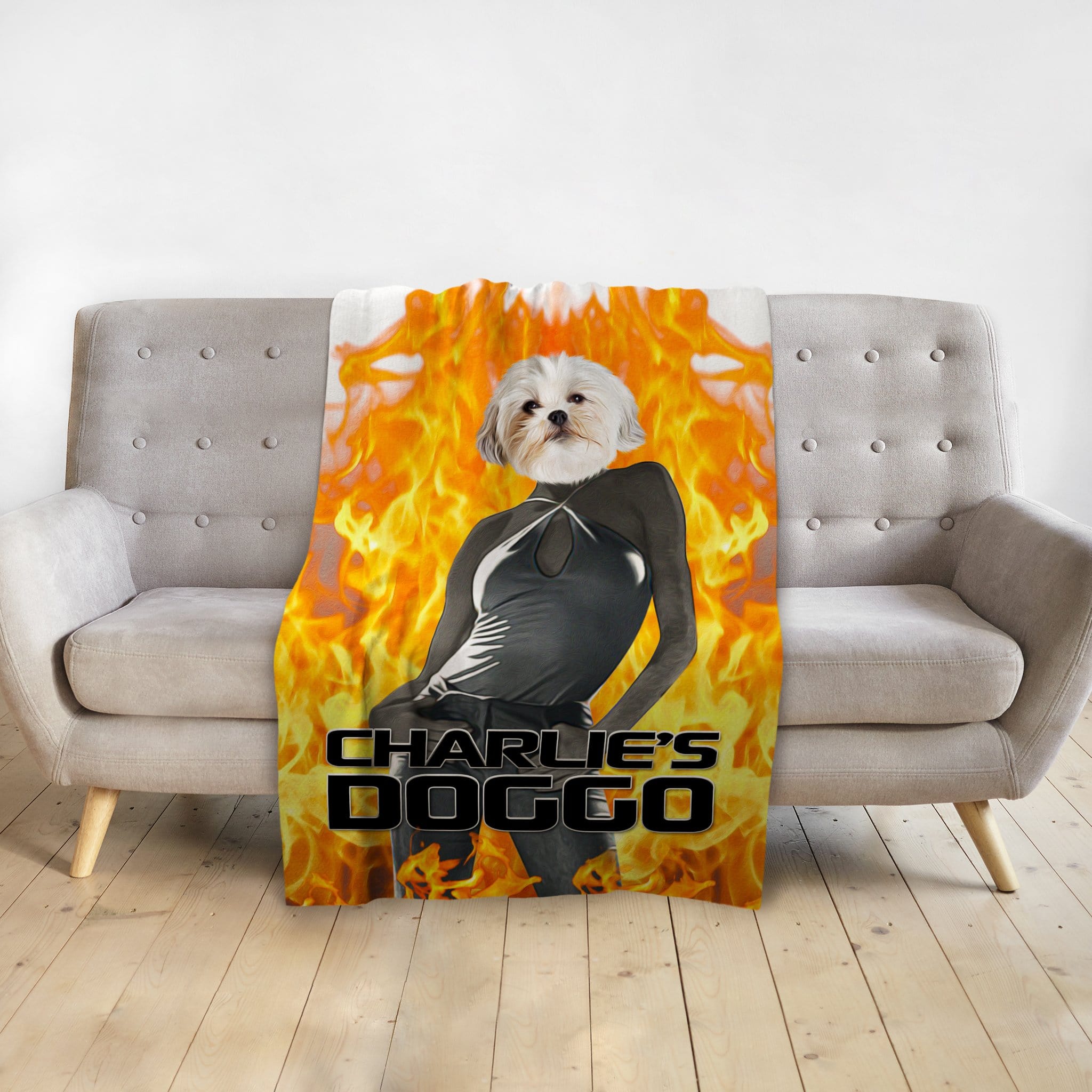 Personalized pet blanket with a Doggovinci portrait of a white dog on a fiery background.