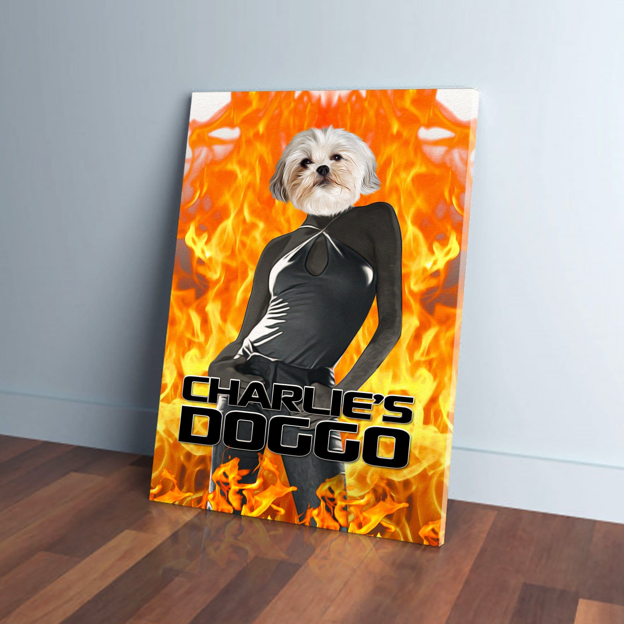 Personalized 'Charlie's Doggo' pet canvas featuring a dog's head on a human body surrounded by flames.
