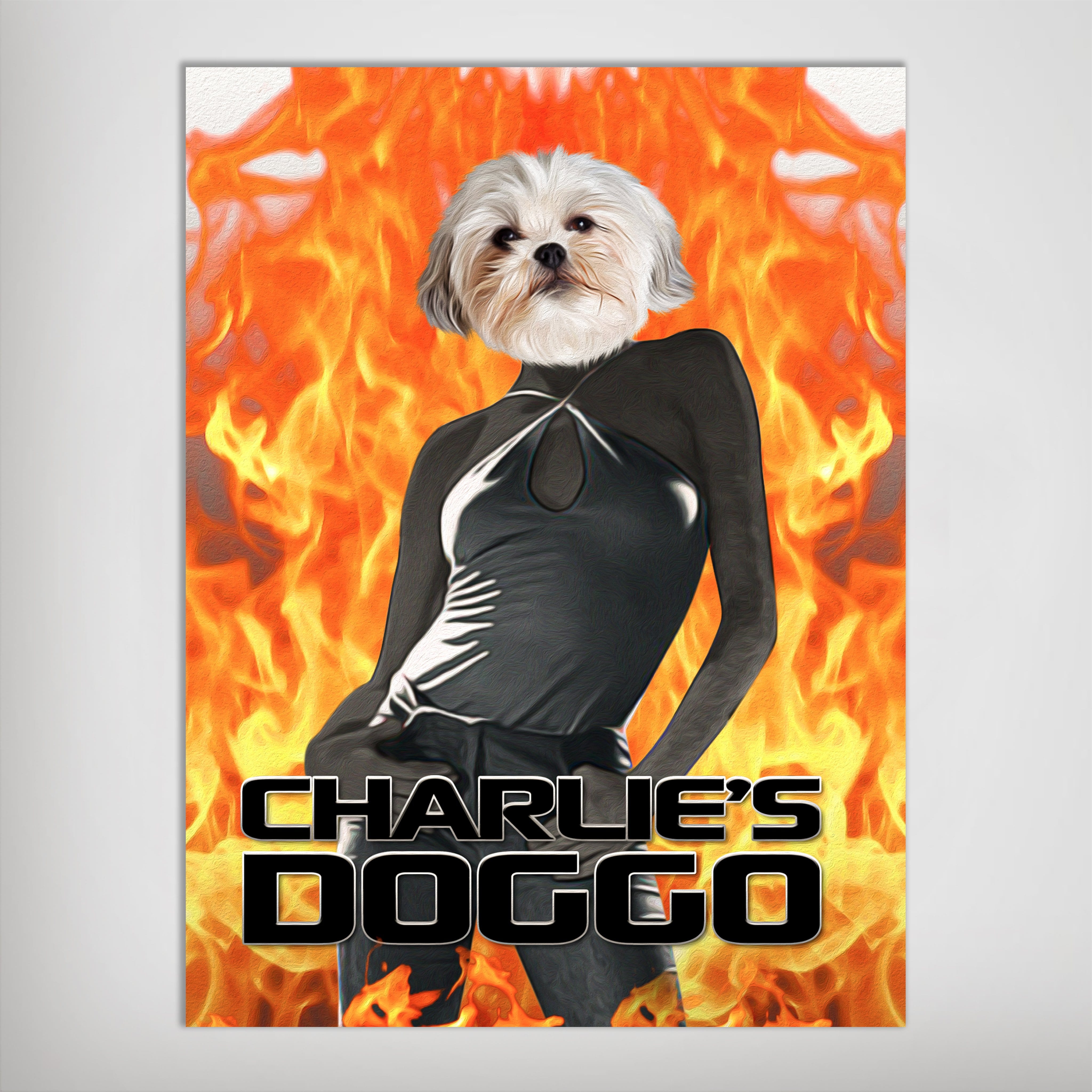 Personalized pet poster featuring a Shih Tzu dog head on a female body in a black outfit against a fiery orange background.