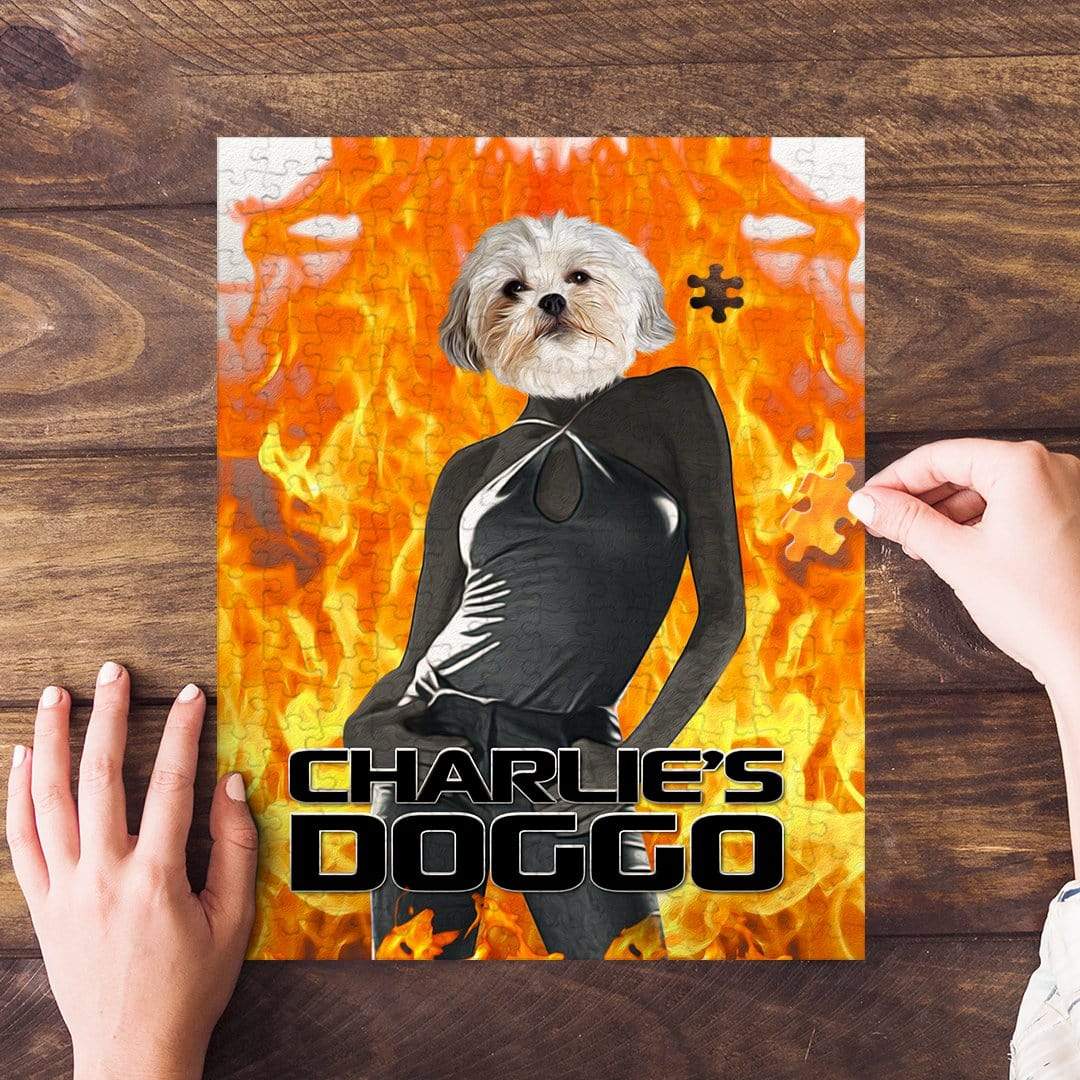 Personalized pet puzzle featuring a white dog's head on a figure in a black outfit against a fiery background.