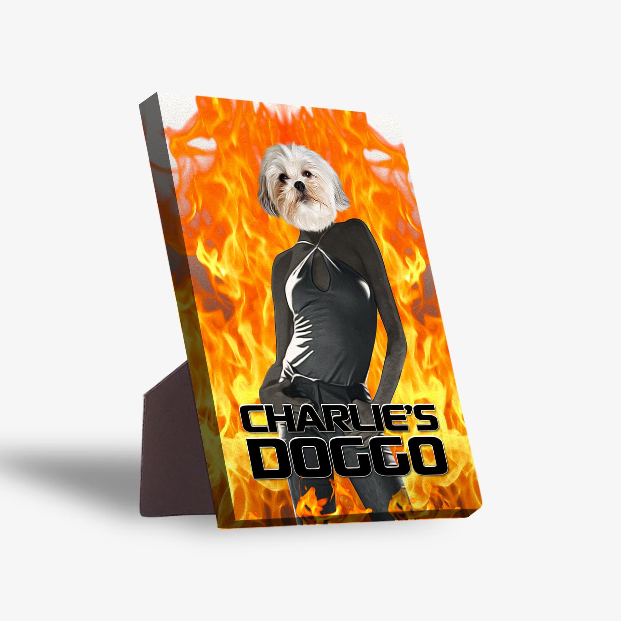 Personalized pet standing canvas featuring a dog's head on a figure in a black dress against a fiery background.