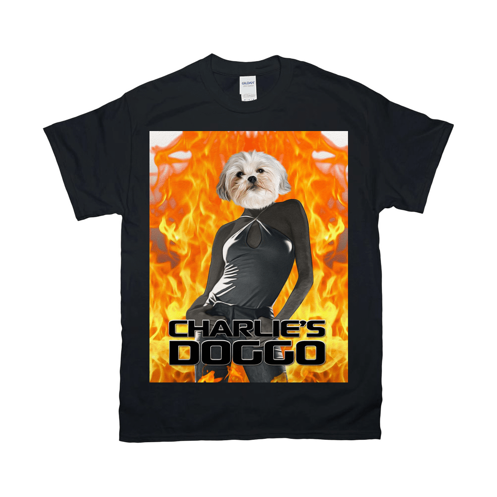 Black Gildan t-shirt featuring a personalized pet design: a dog's head on a woman's body with a fiery background.
