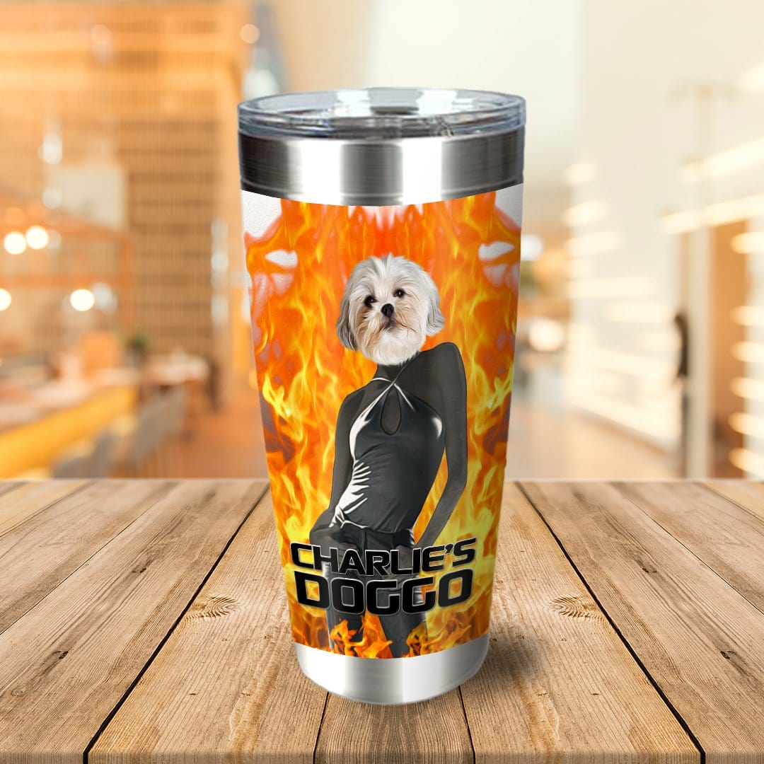Personalized stainless steel tumbler with a Maltese dog's head on a figure in a black outfit, surrounded by flames.