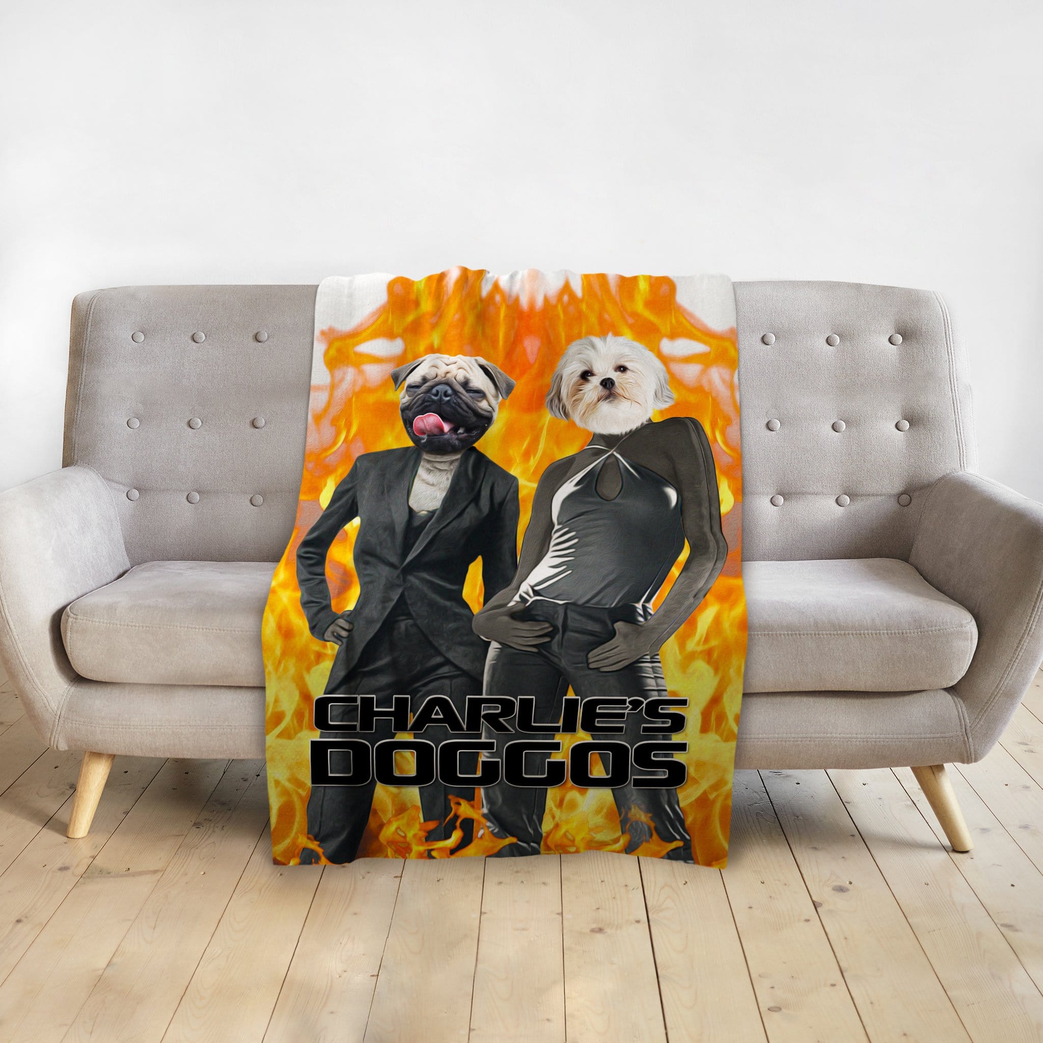 Personalized 2 pet blanket with a pug and Maltese in suits against a fiery background.