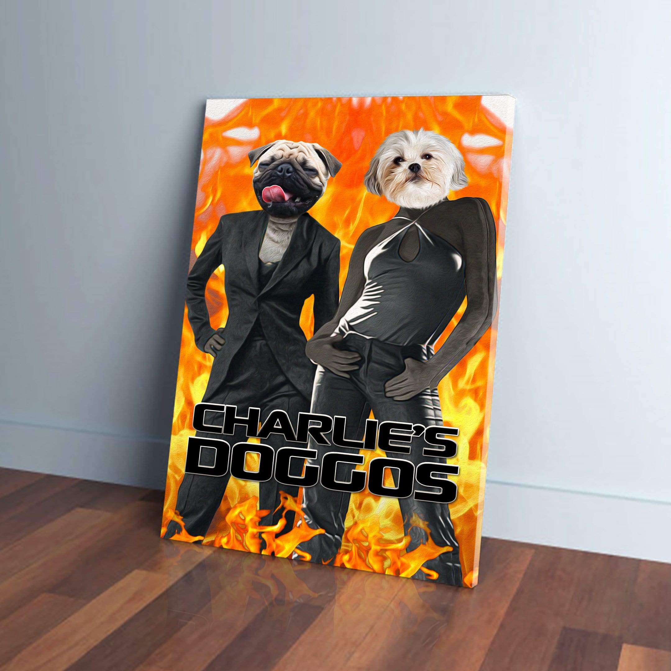 Personalized 'Charlie's Doggos' canvas featuring a pug and a Maltese in black outfits against a fiery orange background.