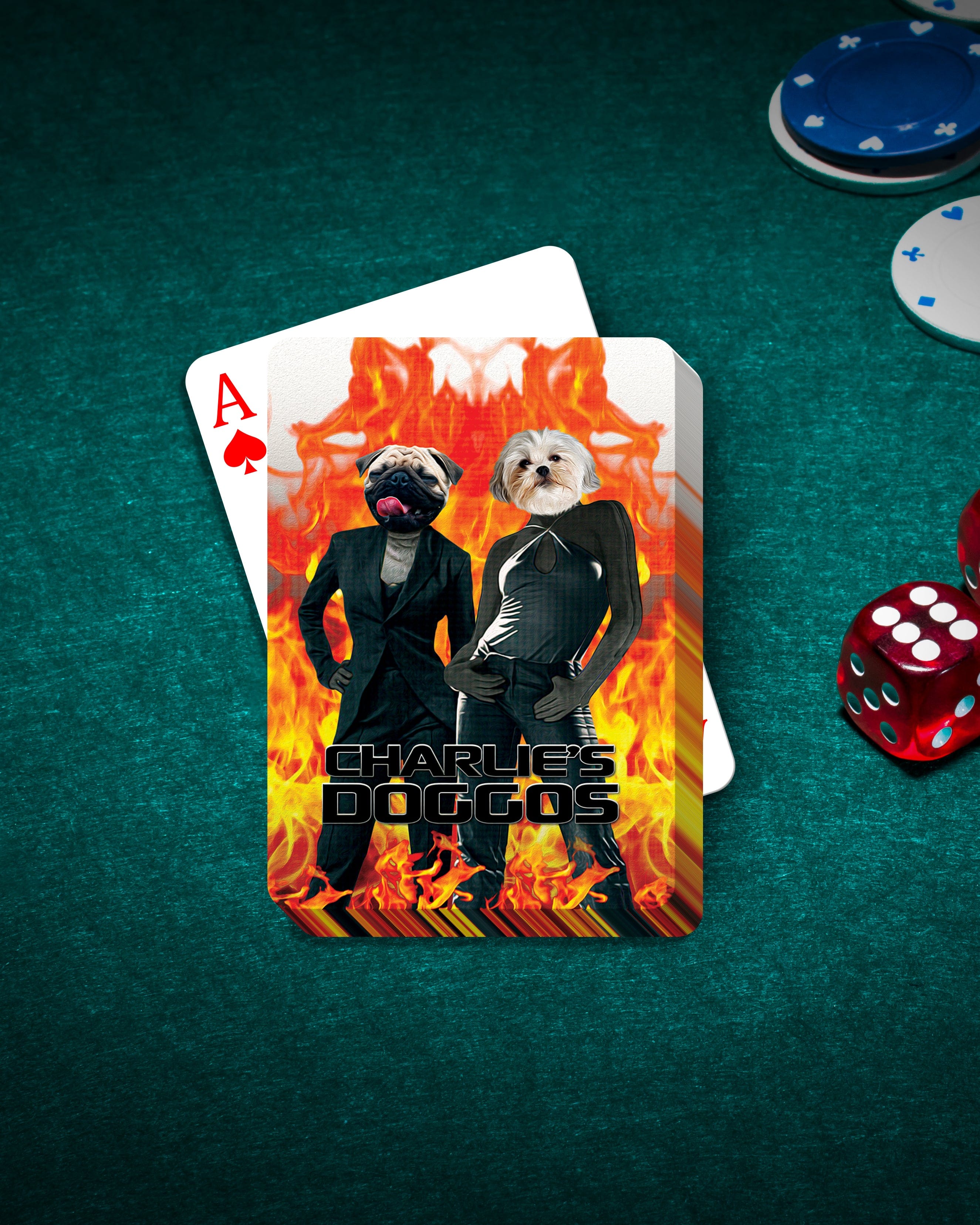 Personalized playing cards featuring two dogs in suits with a fiery background, on a green poker table.