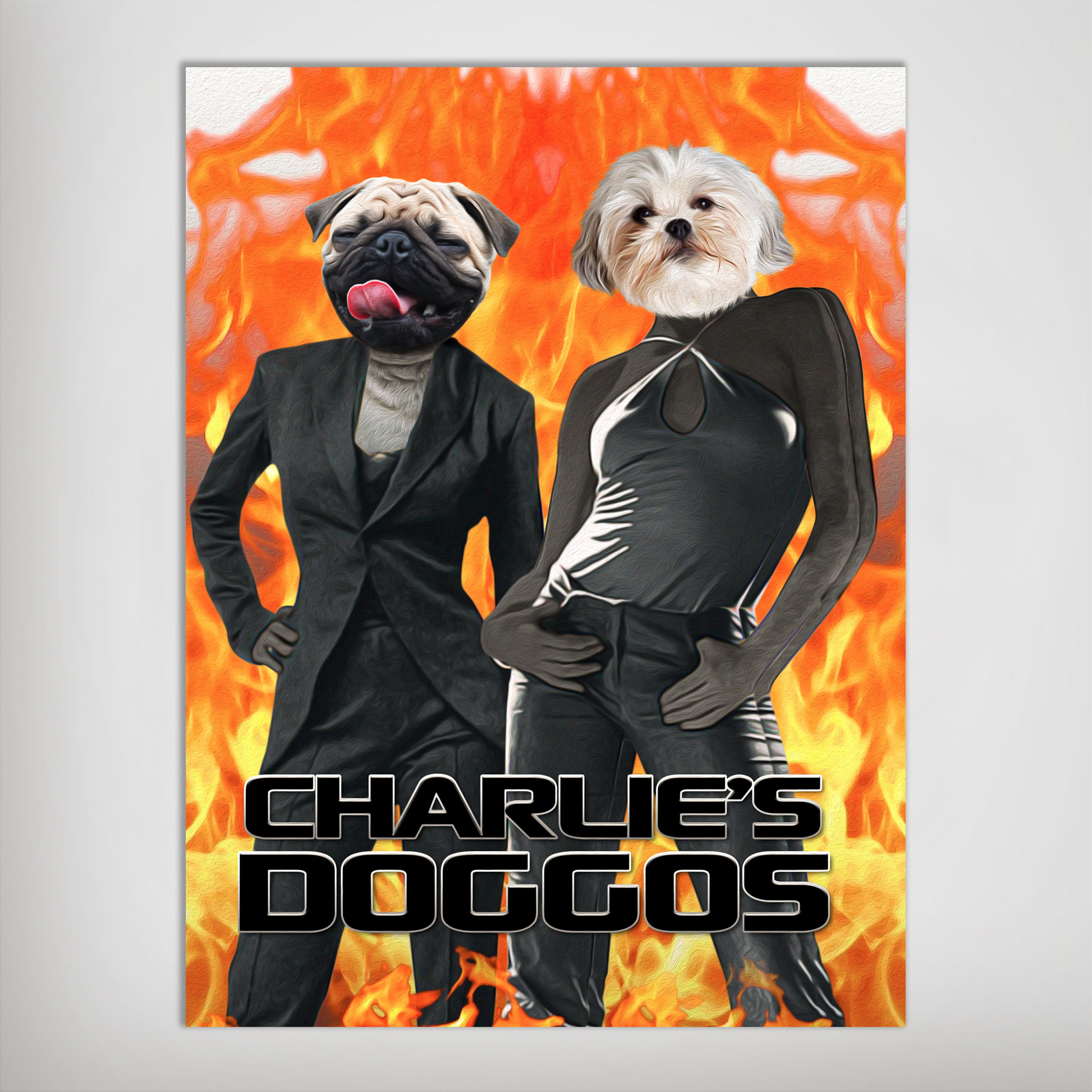 Personalized 'Charlie's Doggos' poster featuring a pug and a Shih Tzu on human bodies, against a fiery background.