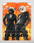 Personalized 'Charlie's Doggos' poster featuring a pug and a Shih Tzu on human bodies, against a fiery background.