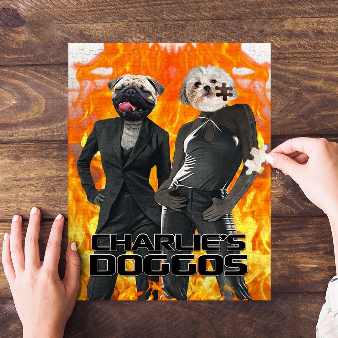 Personalized 2 pet puzzle with dog portraits on human bodies, fiery background, and "Charlie's Doggos" text.