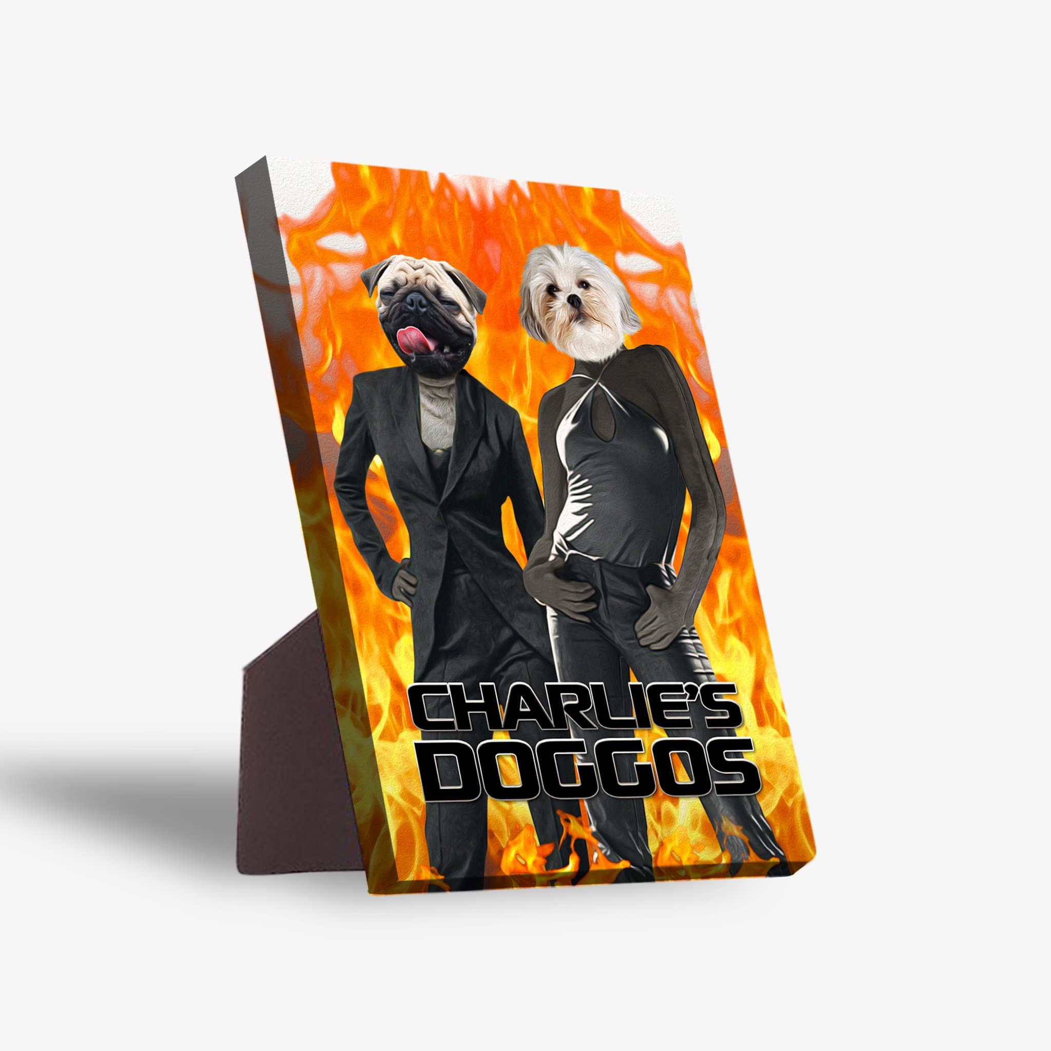 Personalized 2-pet standing canvas featuring a pug and a white dog in suits against a fiery background.