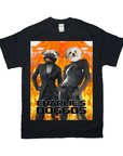 Black Gildan t-shirt featuring two dogs with human bodies, a pug in a suit and a Maltese in a black dress, against a fiery background.
