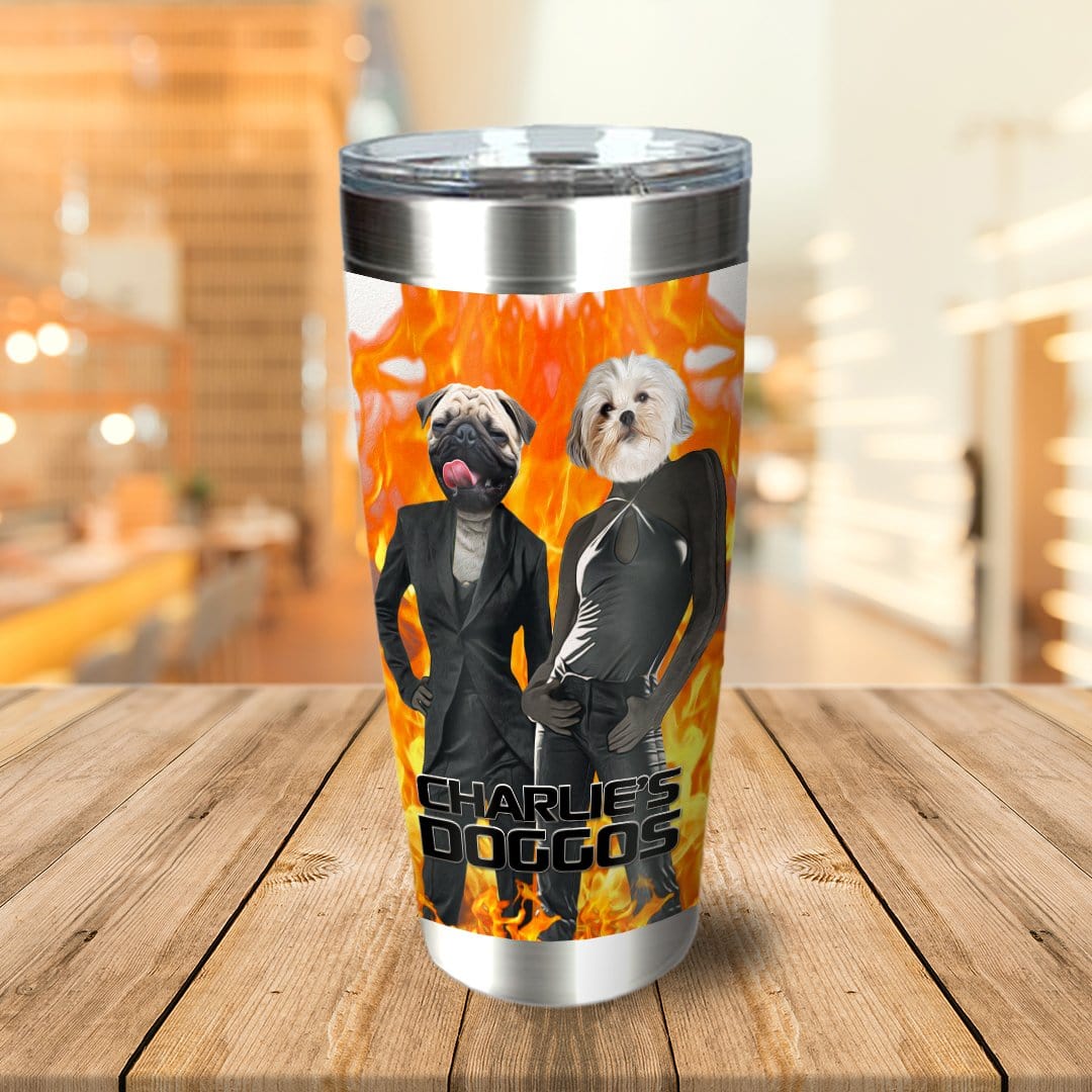 Personalized stainless steel tumbler with two pet portraits in human clothes against a fiery background.
