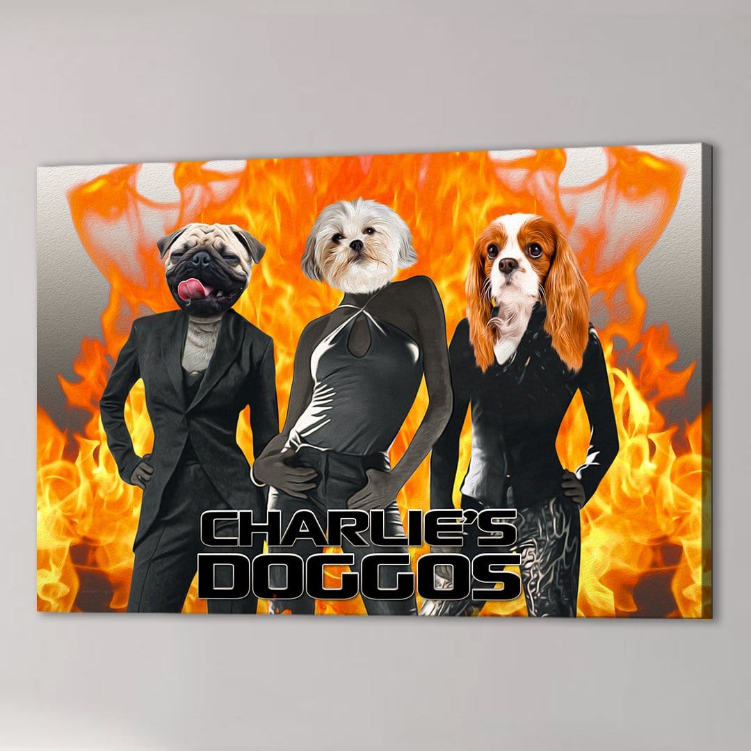 Custom canvas featuring three dogs in human clothes against a fiery background, titled "Charlie's Doggos".