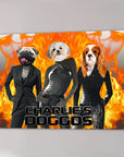 Custom canvas featuring three dogs in human clothes against a fiery background, titled "Charlie's Doggos".