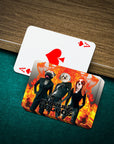 Personalized playing cards featuring three dogs in suits with a fiery background, next to an Ace of Spades.