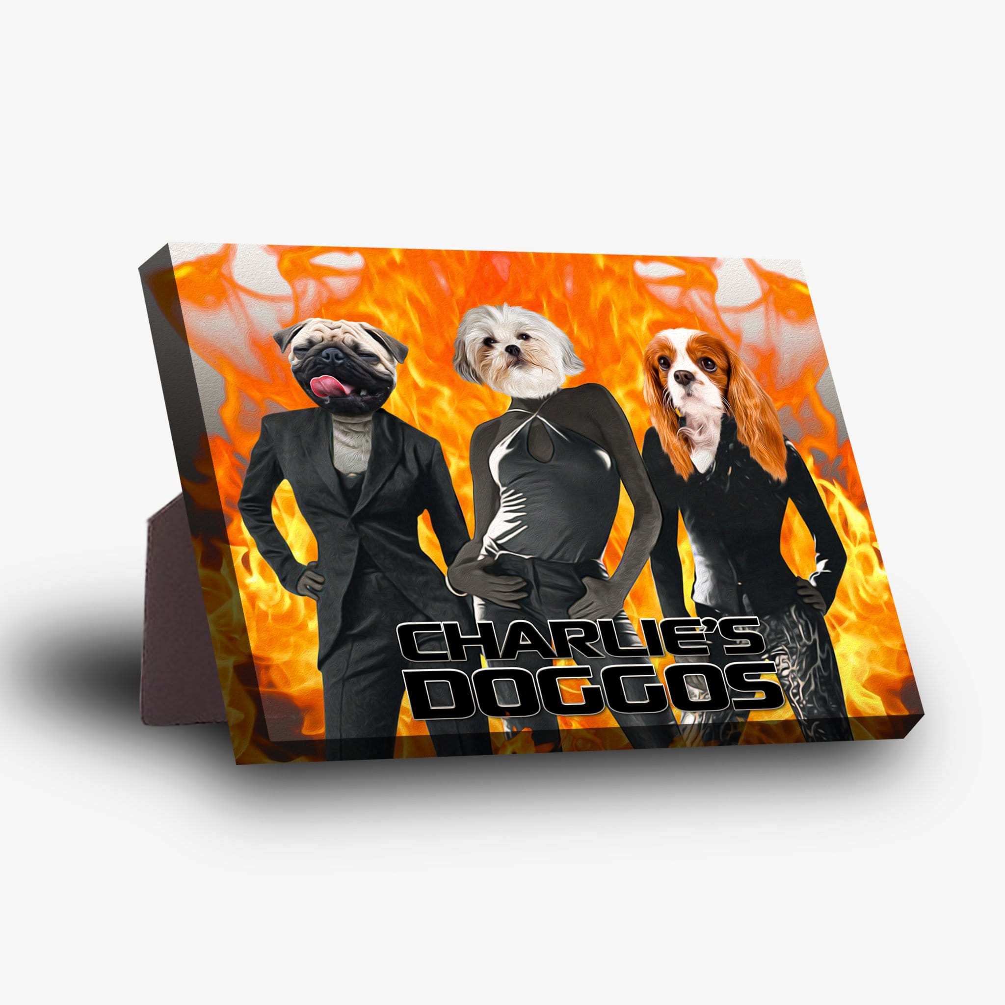 Personalized 3-pet standing canvas featuring a pug, shih tzu, and cavalier king charles spaniel on a fiery background.