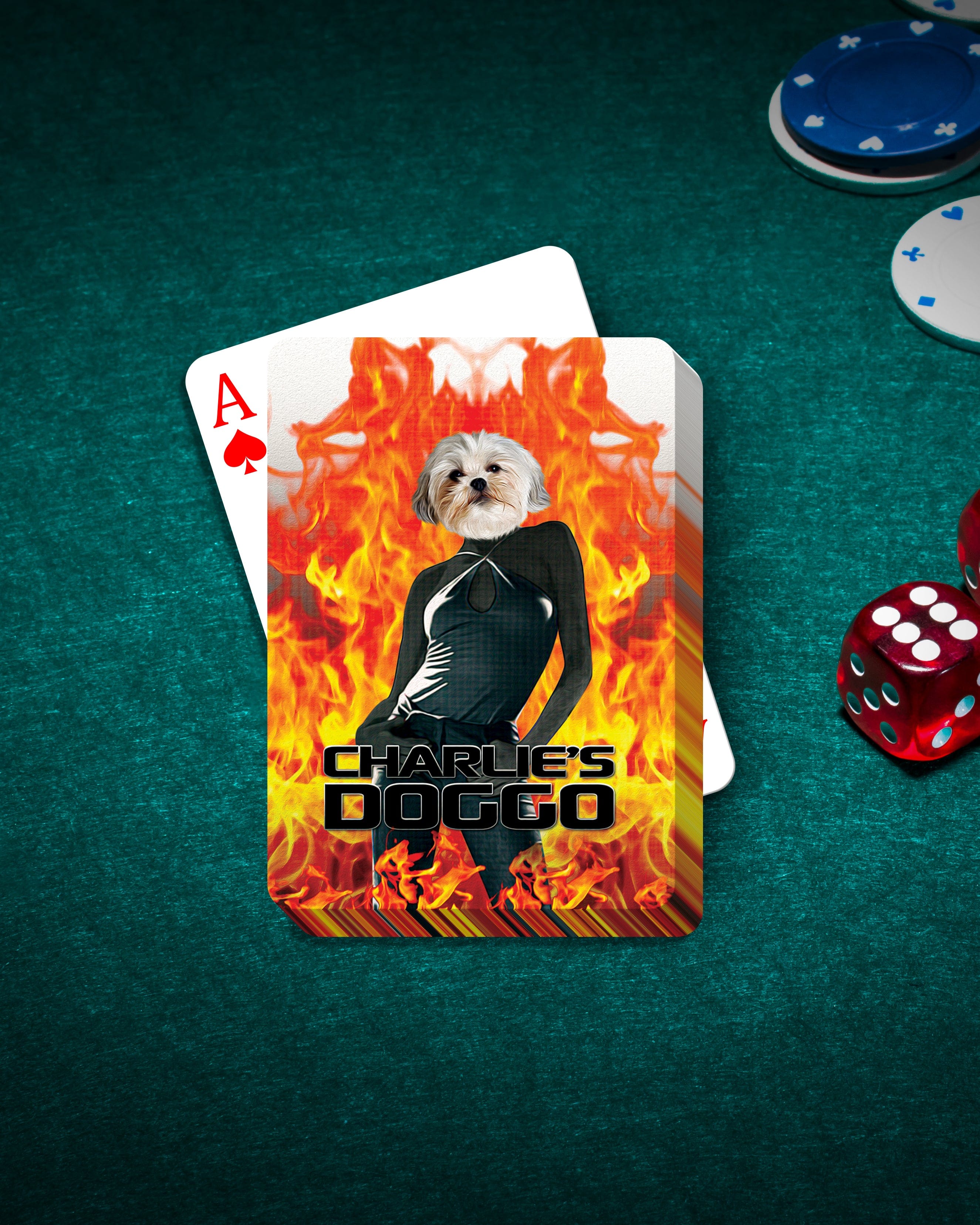 Personalized pet playing cards with a dog's face on a fiery, "Charlie's Doggo" design.