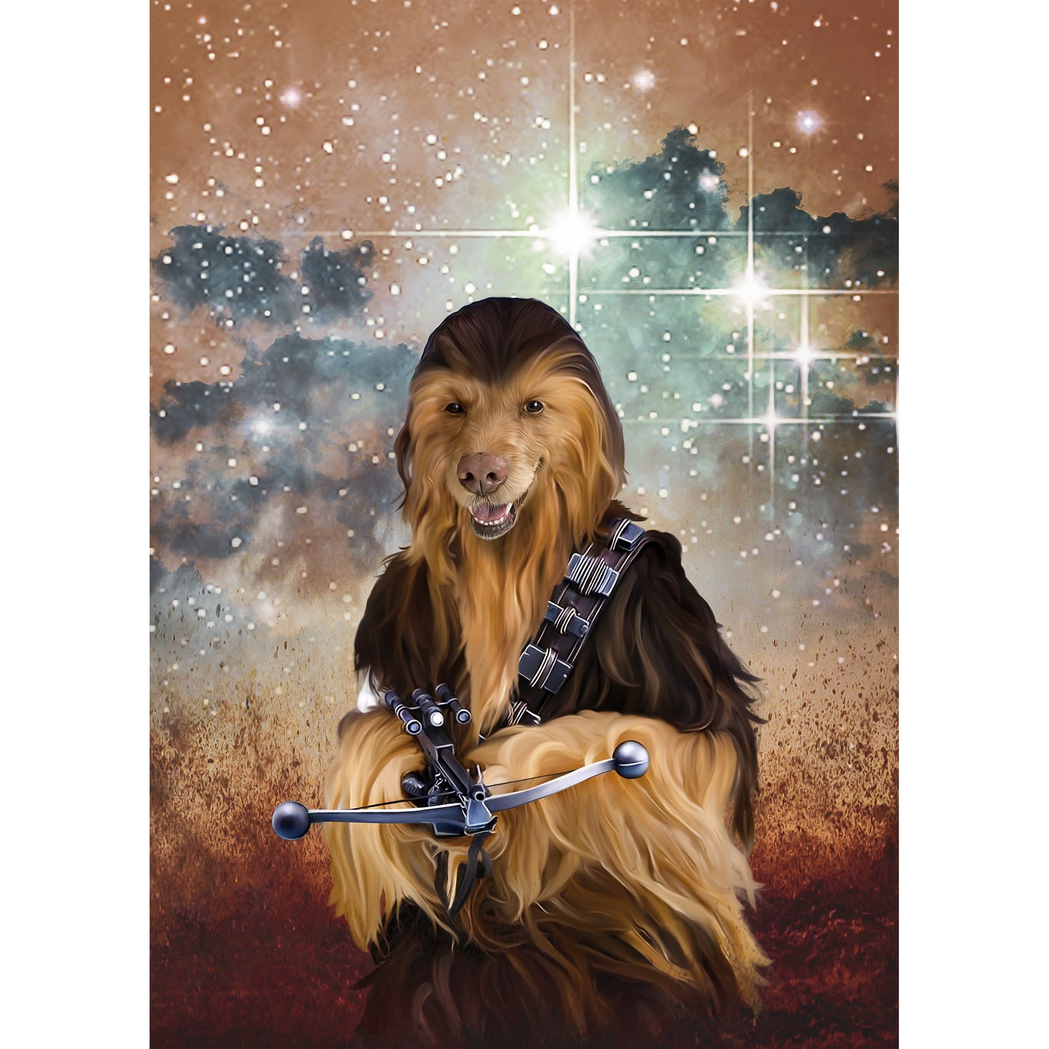 Personalized Chewdogga digital portrait of a dog dressed as Chewbacca with a starry background.