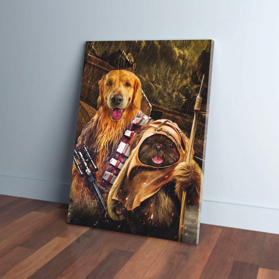 Custom Chewdogga & Dogg-E-Wok canvas featuring a golden retriever and a small dog in costumes.