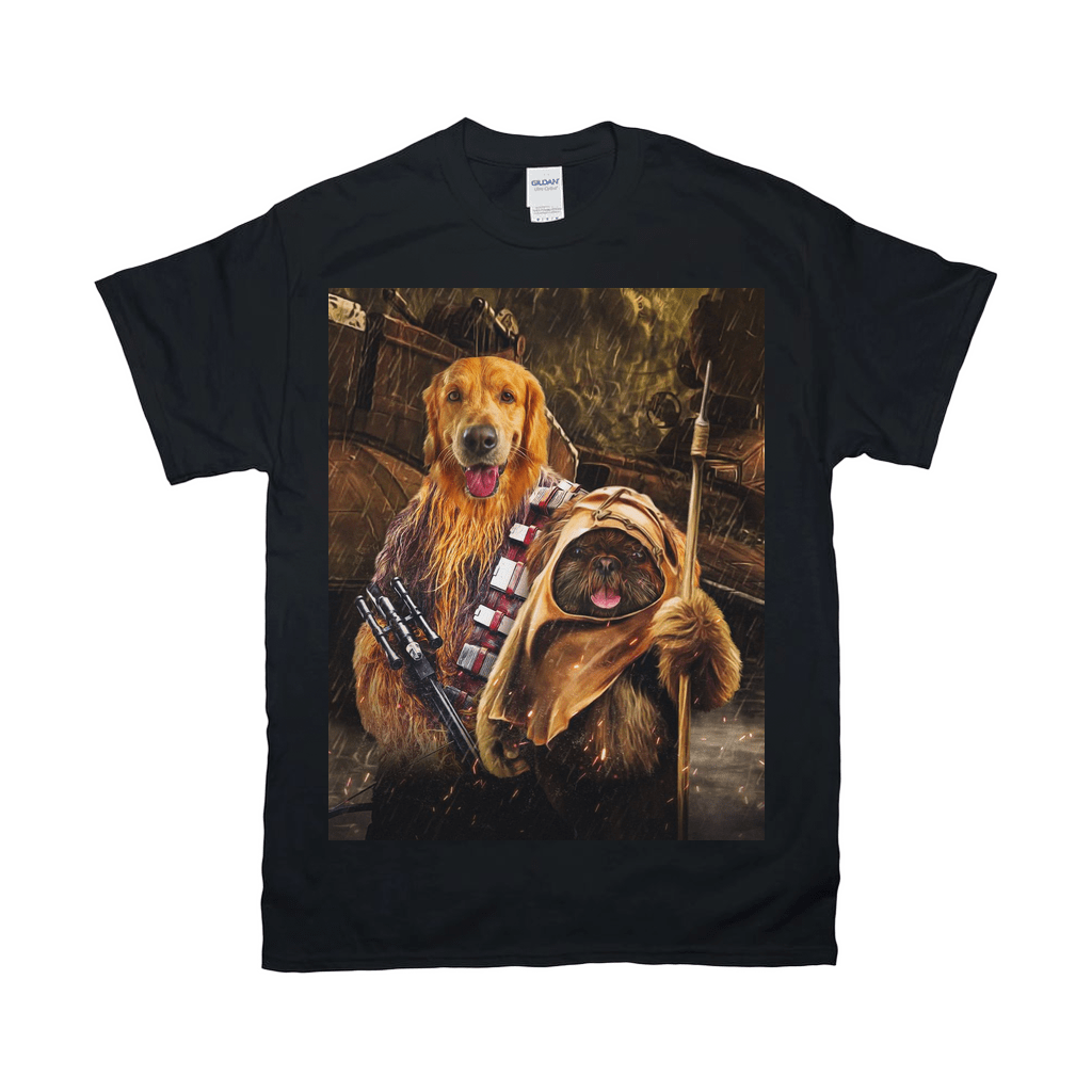 Black Gildan t-shirt with a custom graphic of a Golden Retriever as Chewbacca and a small dog as an Ewok.