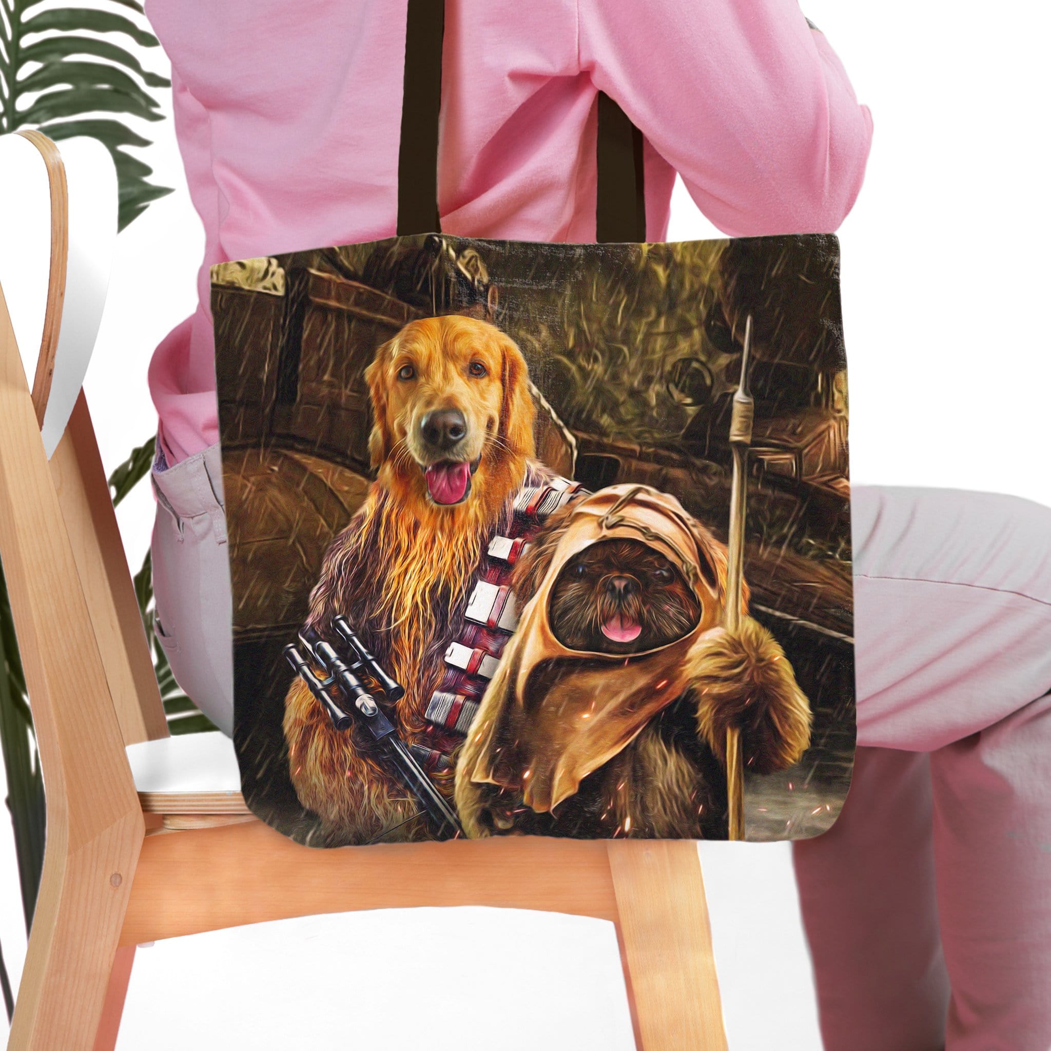 Personalized 2 pet tote bag with custom dog portraits in Chewbacca and Jawa costumes.
