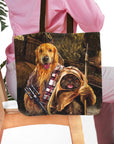 Personalized 2 pet tote bag with custom dog portraits in Chewbacca and Jawa costumes.