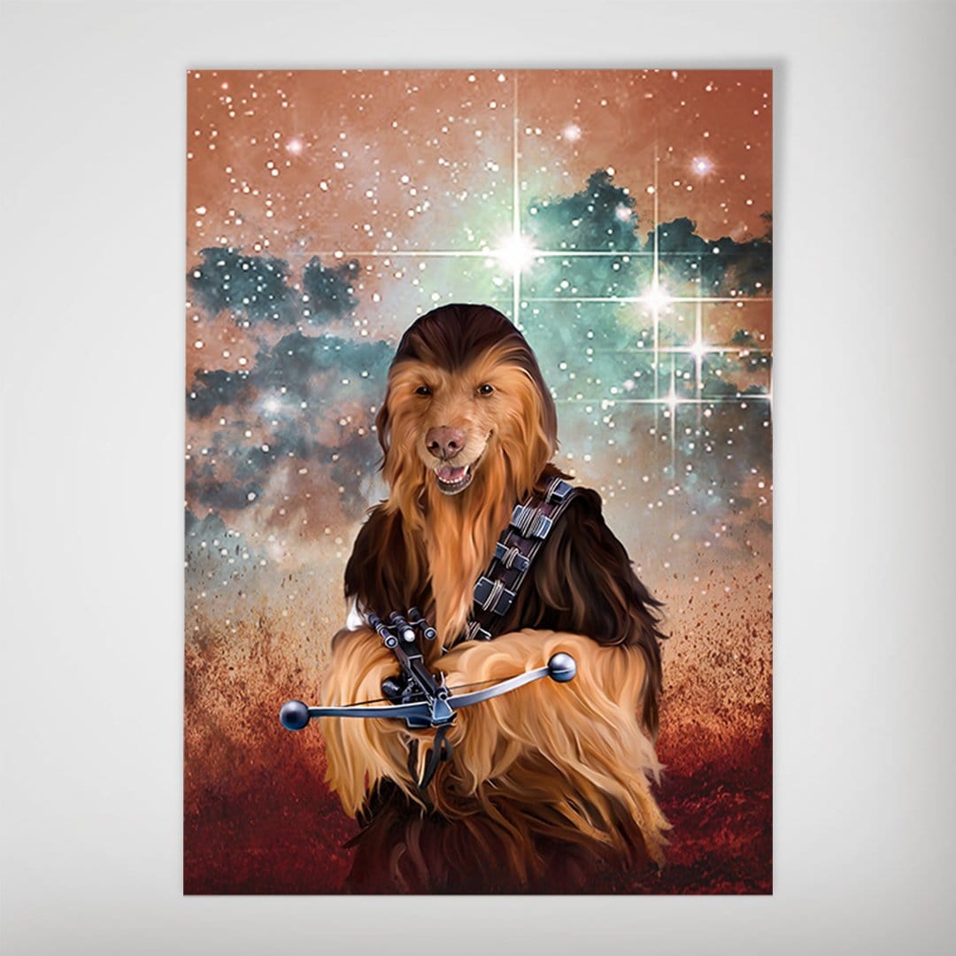 Personalized "Chewdogga" dog poster featuring a furry pet in a sci-fi costume against a starry galaxy background.