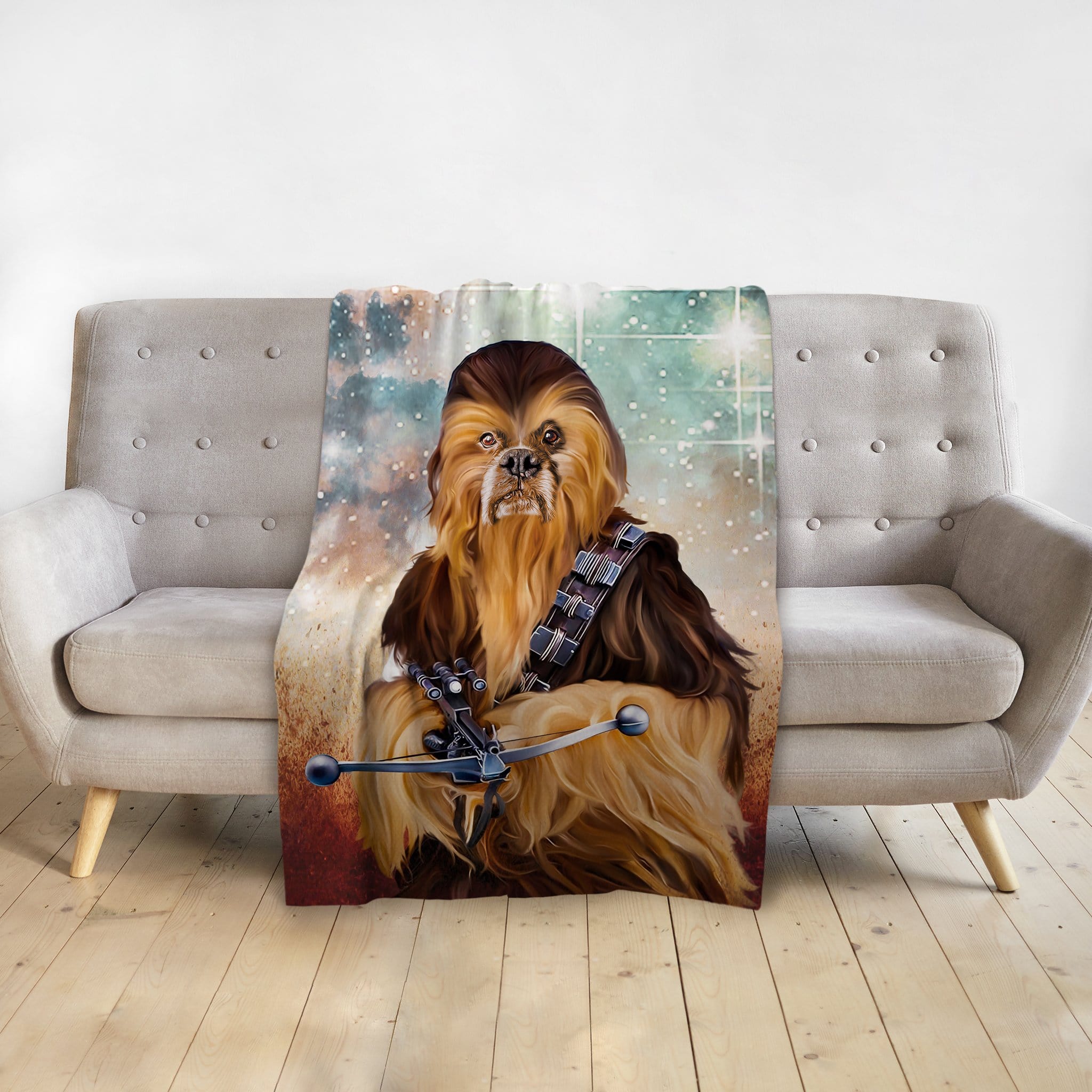 Personalized pet portrait blanket featuring a dog dressed as Chewbacca from Star Wars.