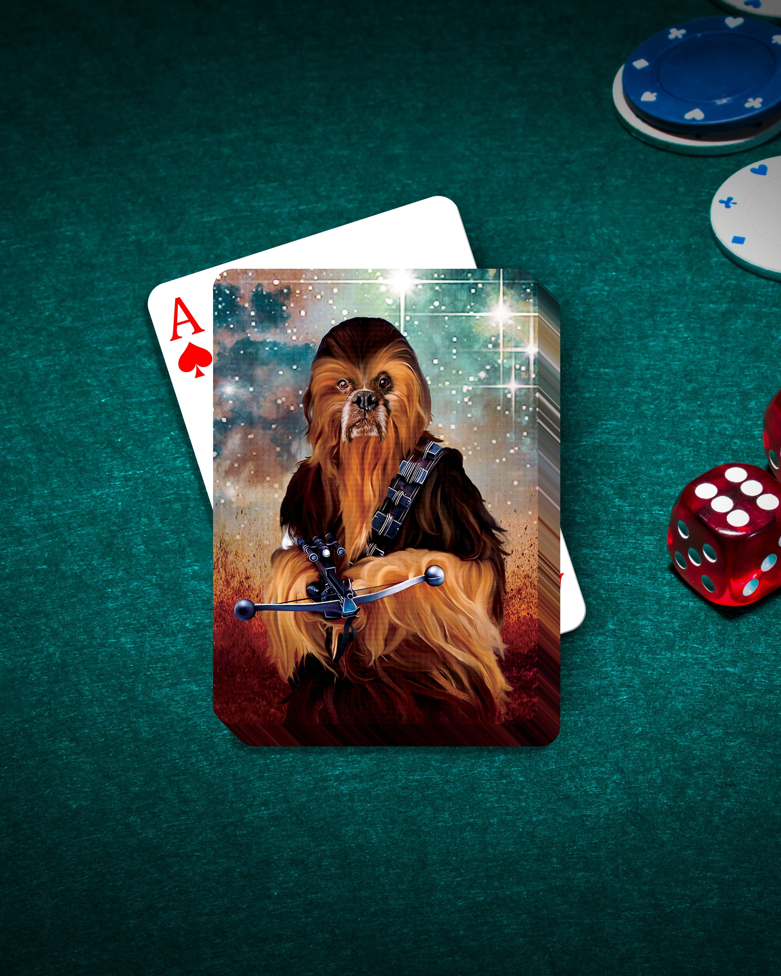 Custom personalized playing card featuring a dog in a Chewbacca-style portrait on a green felt table.