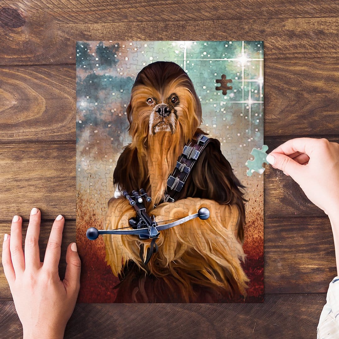 Personalized pet puzzle featuring a dog as Chewbacca, with a hand placing a piece.
