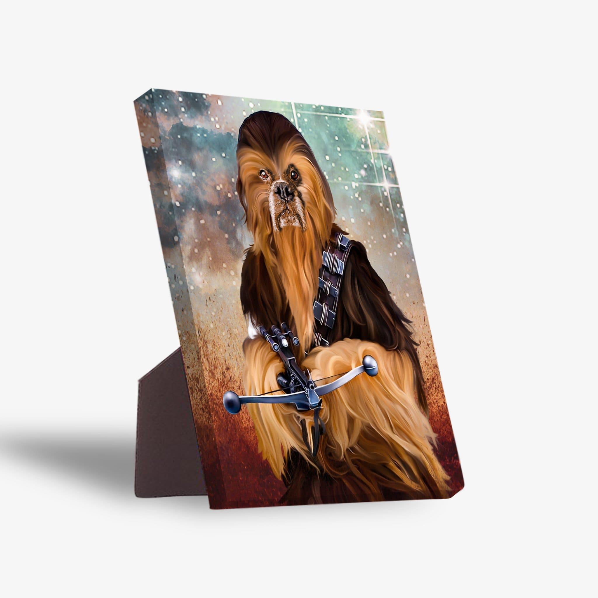 Personalized 'Chewdogga' pet portrait standing canvas featuring a dog dressed as Chewbacca, with a starry background.