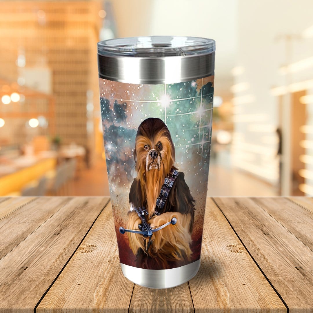 Personalized stainless steel tumbler with a custom Chewbacca-style dog portrait on a galaxy background.