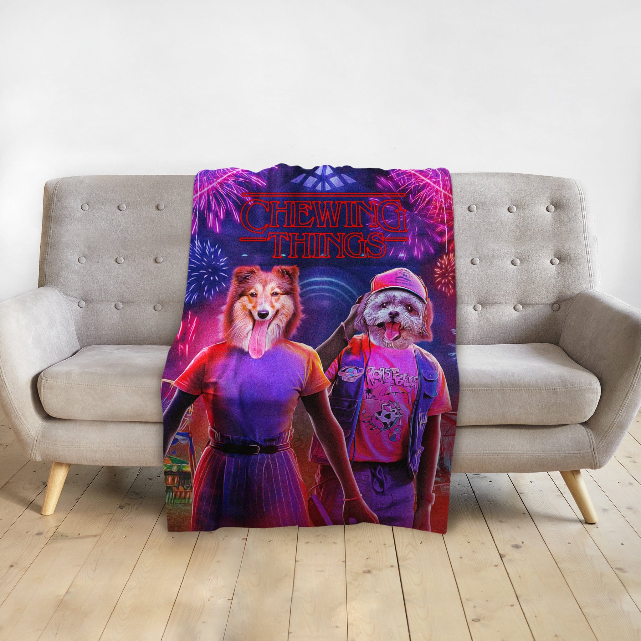 Custom personalized pet portrait blanket featuring two dogs in a "Chewing Things" design with fireworks.
