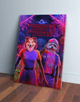 Personalized 2 pet canvas featuring dogs in "Chewing Things" retro-style art with neon lights and fireworks.