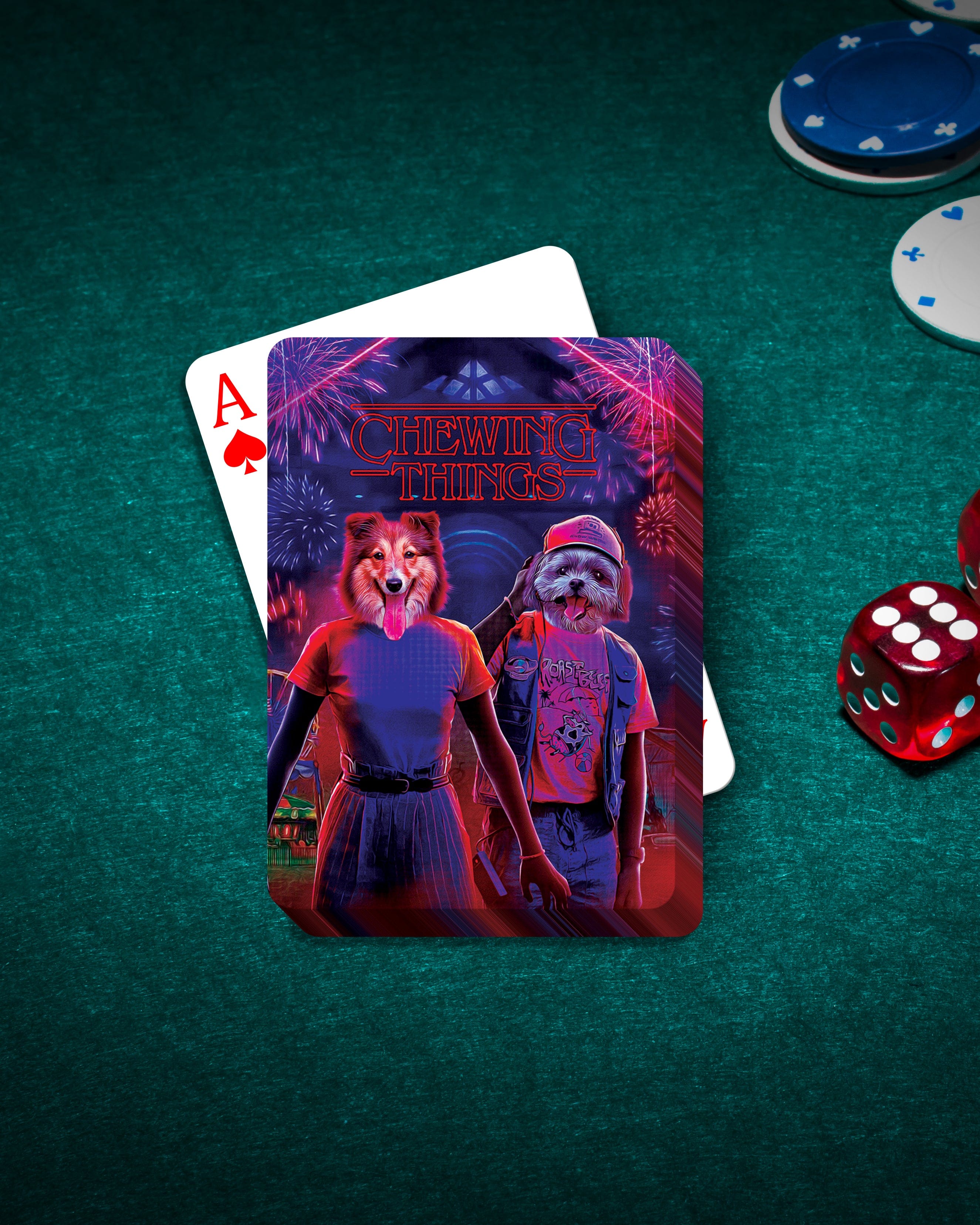 Personalized playing cards featuring two dogs in a "Chewing Things" cartoon style, on a green felt table with poker chips and dice.