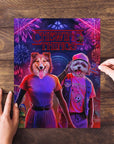 Personalized 2 pet puzzle featuring dogs in a "Chewing Things" themed portrait with fireworks.
