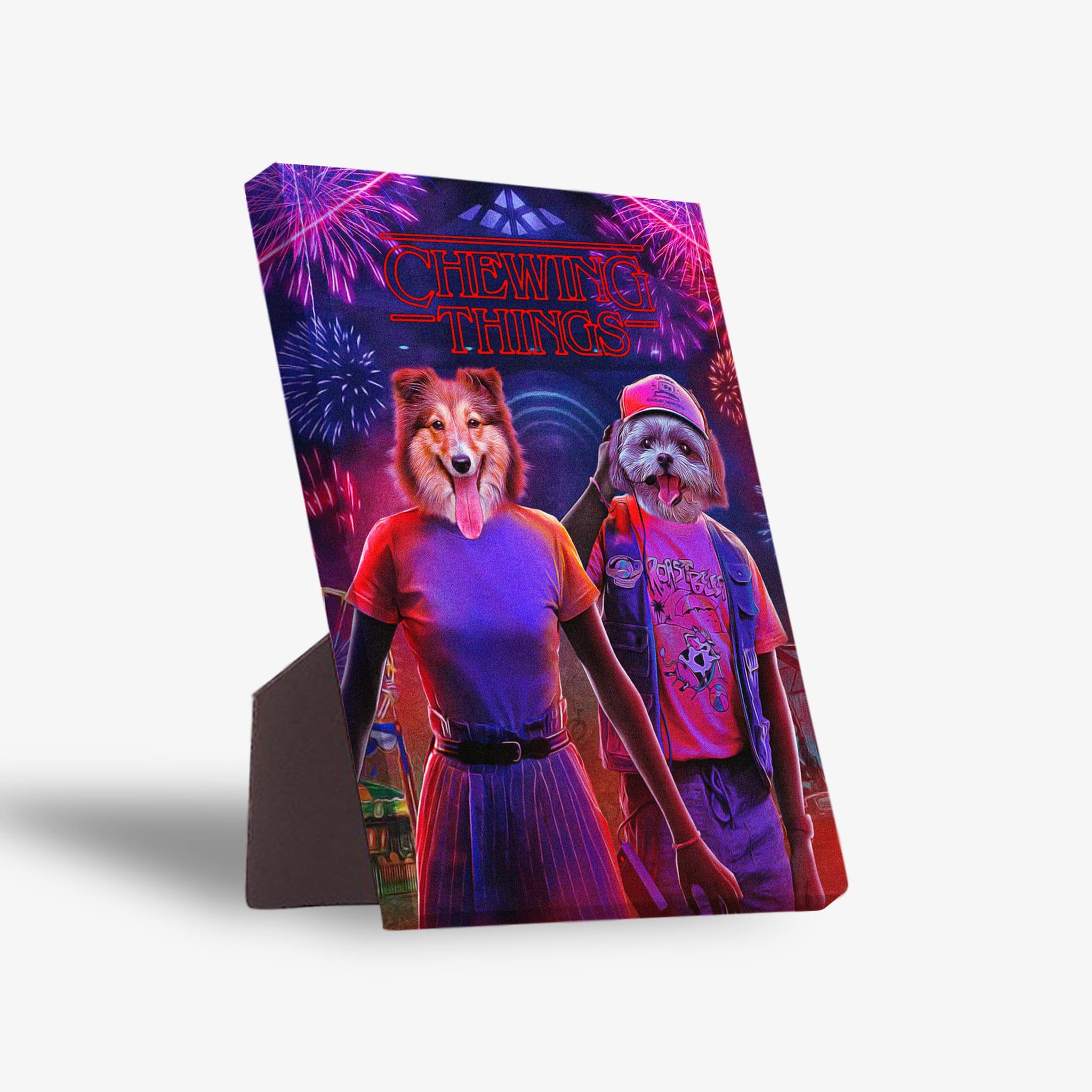 Personalized 'Chewing Things' standing canvas with two pets in retro outfits and fireworks background.