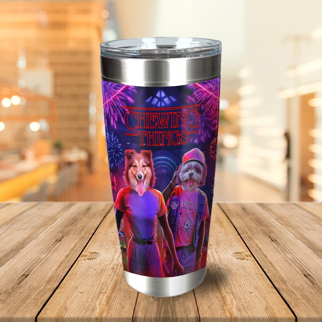 Personalized 2 pet 'Chewing Things' stainless steel tumbler with custom dog portraits.