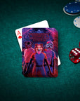Personalized playing cards featuring a custom cartoon portrait of three pets on a green felt table.