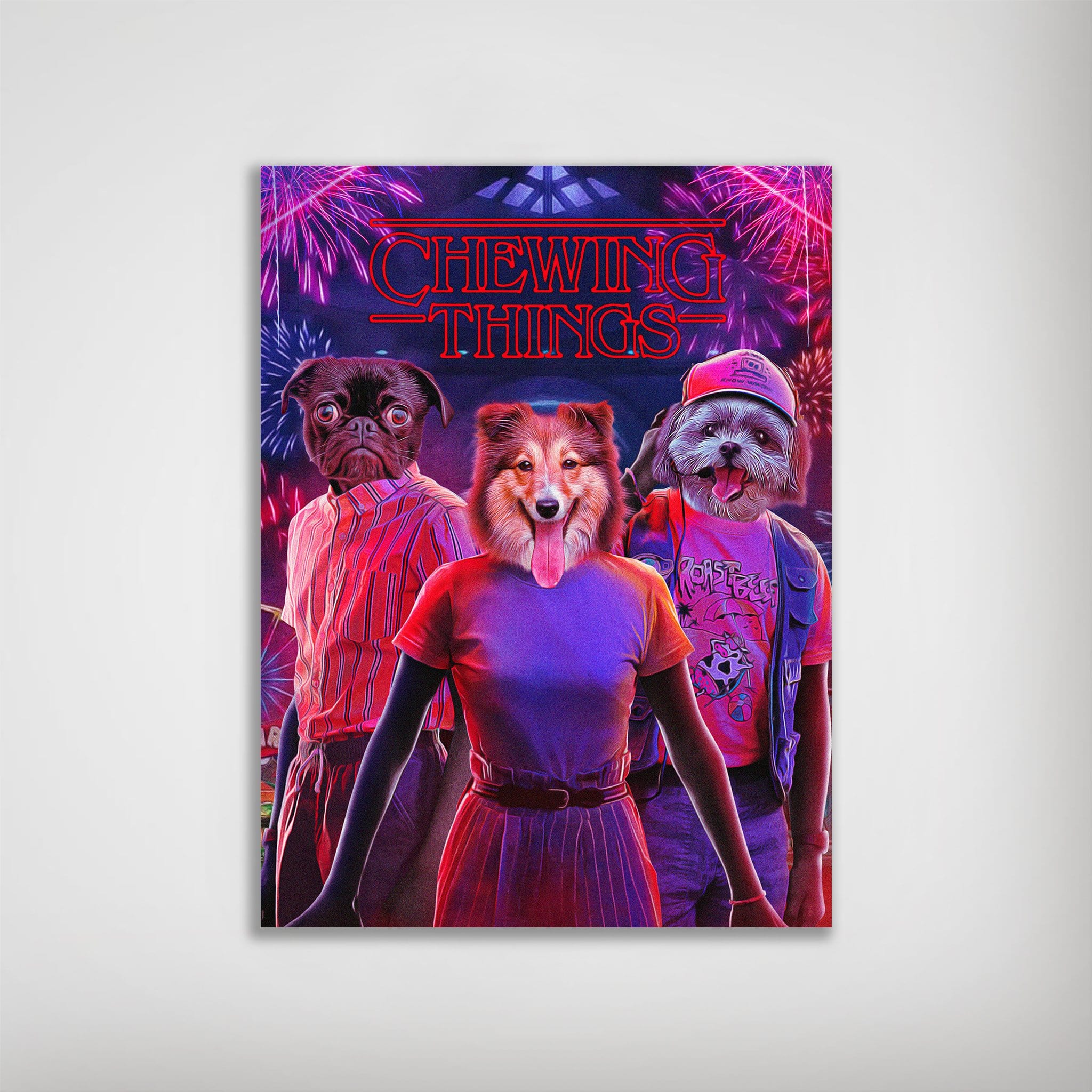 Personalized "Chewing Things" poster featuring three pets with human bodies, vibrant colors, and fireworks.