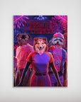 Personalized "Chewing Things" poster featuring three pets with human bodies, vibrant colors, and fireworks.