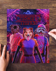 Personalized 3 pet puzzle with dogs in "Chewing Things" cartoon style, featuring fireworks background.