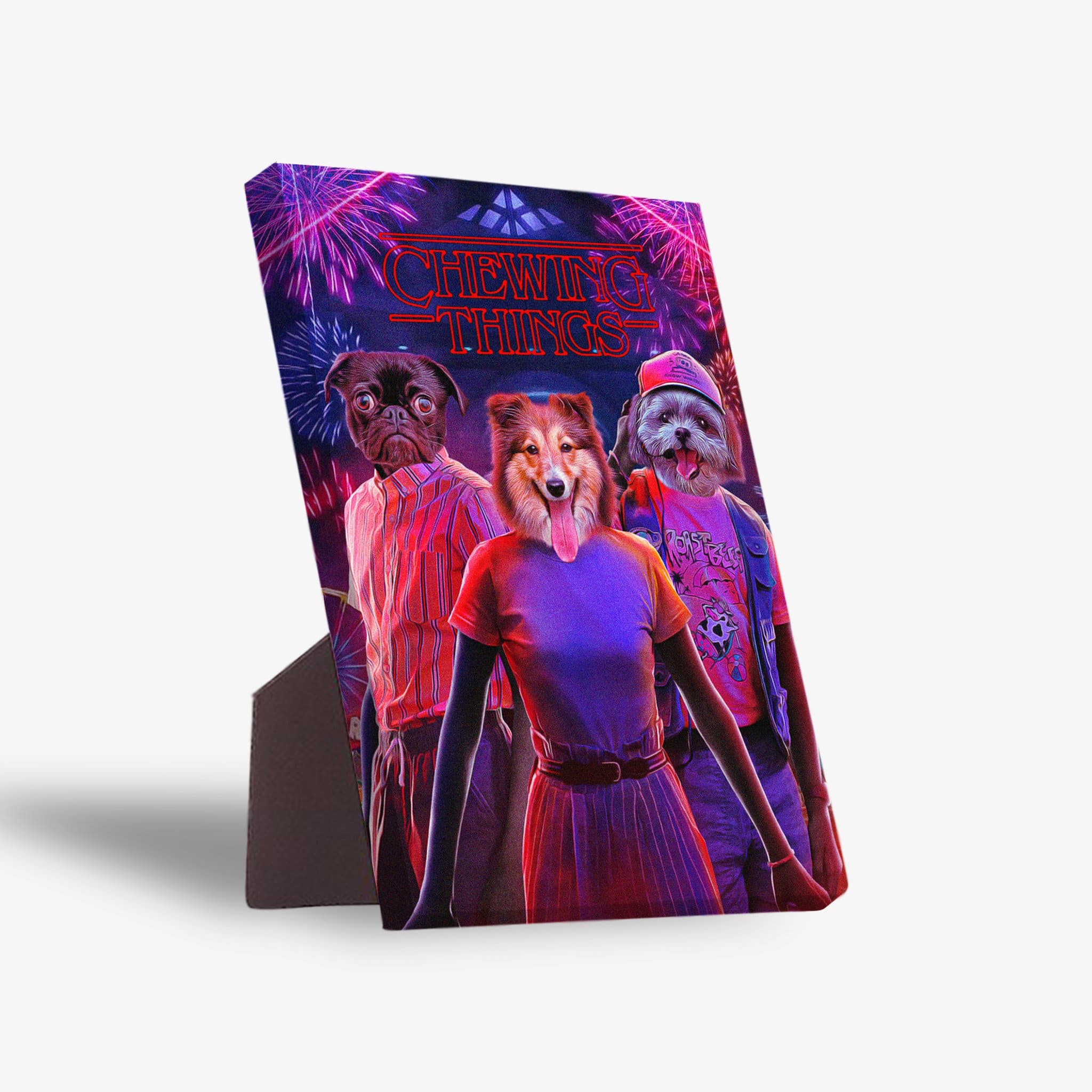 Personalized 3 pet standing canvas featuring dogs in "Chewing Things" style with fireworks.