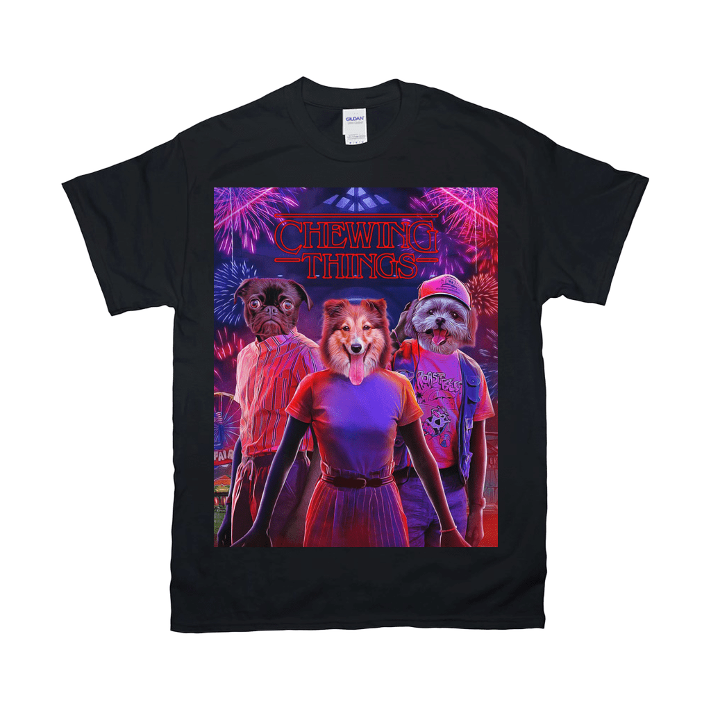 Black Gildan t-shirt with a personalized "Chewing Things" design featuring three pets in human clothes.
