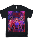 Black Gildan t-shirt with a personalized "Chewing Things" design featuring three pets in human clothes.