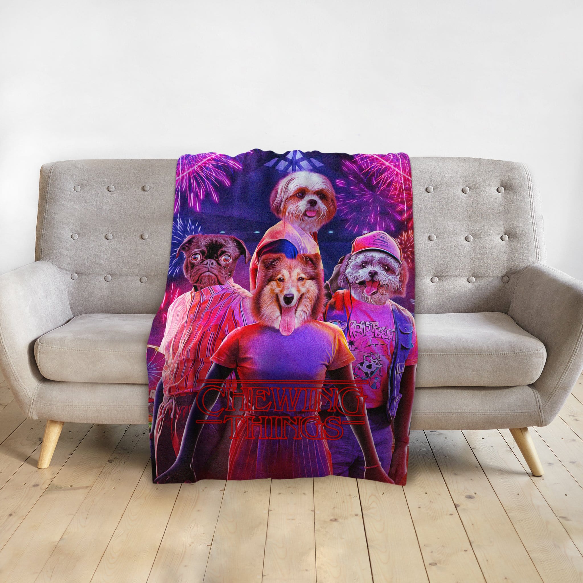 Personalized pet portrait blanket featuring four dogs in a "Chewing Things" Stranger Things parody design.