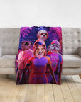 Personalized pet portrait blanket featuring four dogs in a "Chewing Things" Stranger Things parody design.