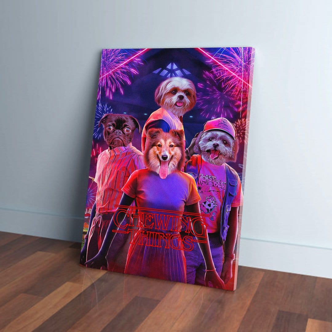 Personalized "Chewing Things" canvas featuring four pets with human bodies in a vibrant, neon-lit scene.