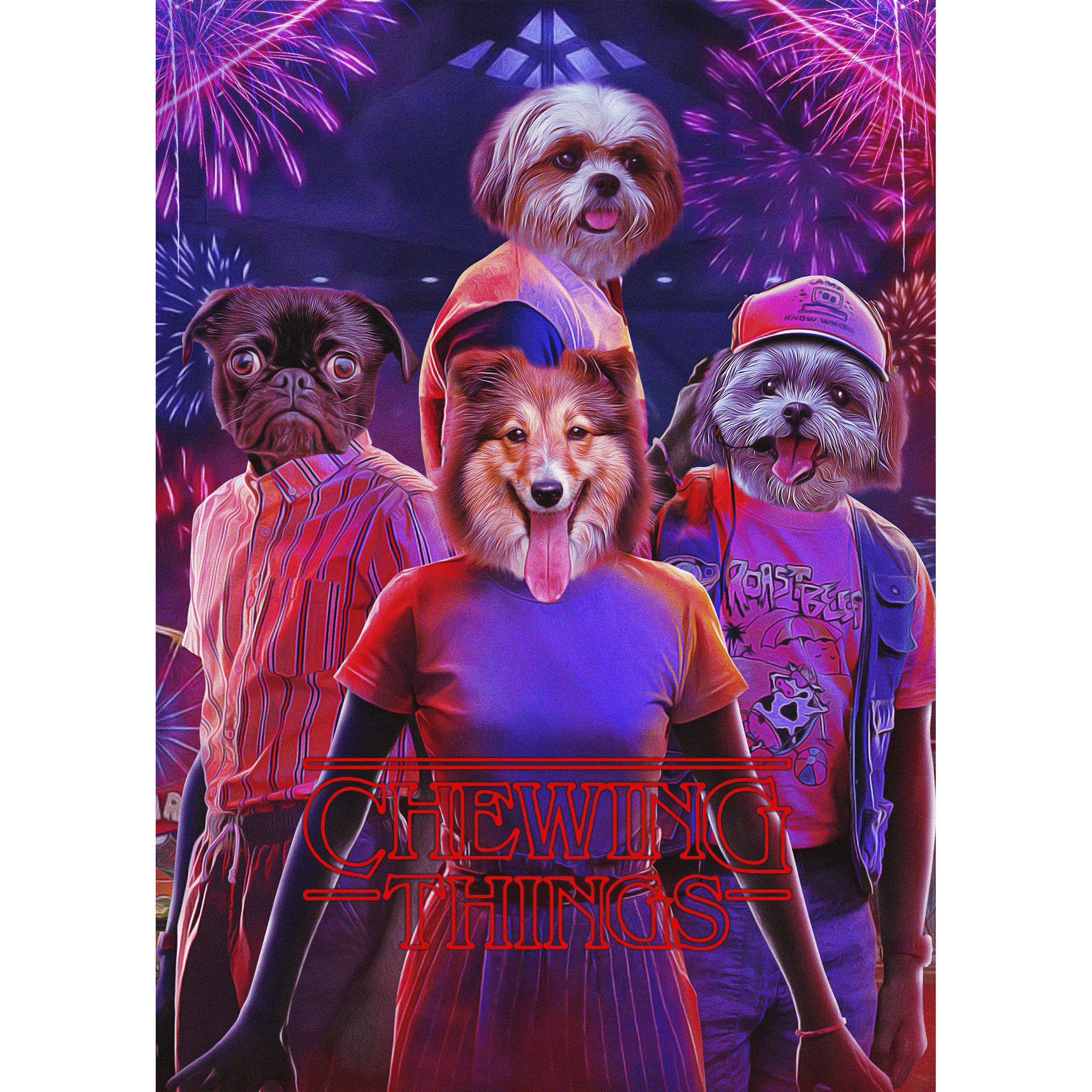 Personalized digital portrait of four pets with dog heads on human bodies, "Chewing Things" title, and fireworks.